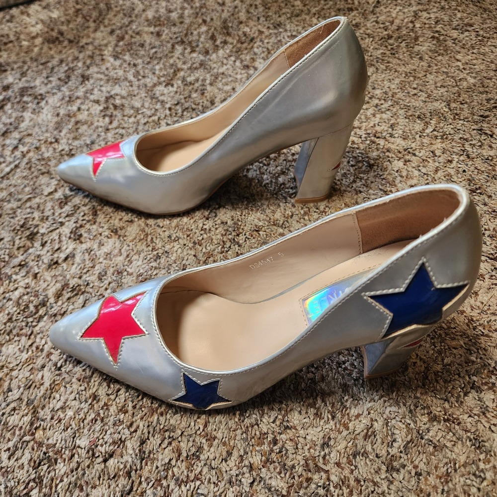 Daisy Street Silver Metallic Star Block Heel Pointed Toe Pumps NWOT US7 UK5 - Picture 3 of 7